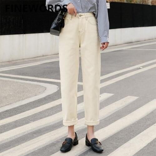 FINEWORDS Korean Straight Beige Jeans Women Boyfriend High Waist Mom Jeans Vintage Casual Denim White Jeans Femme Cuff Pants