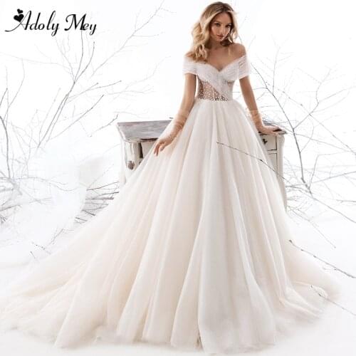 Adoly Mey Elegant Scoop Neck Button Bride A-Line Wedding Dresses Romantic Pleated Cap Sleeve Sparkly Tulle Princess Bridal Gown