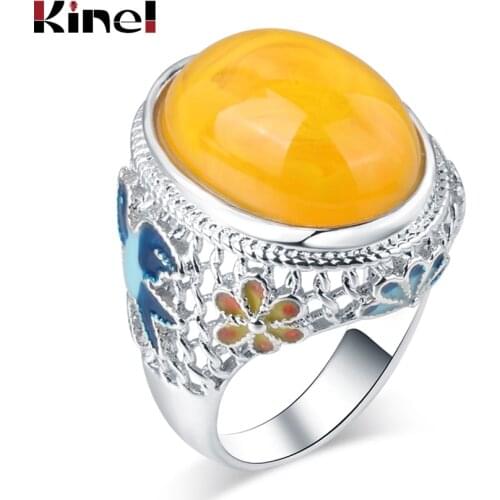 Kinel Vintage Jewelry Chinese Style Enamel Ring Mosaic Stone Silver Color Rings For Women Best Friend Gift