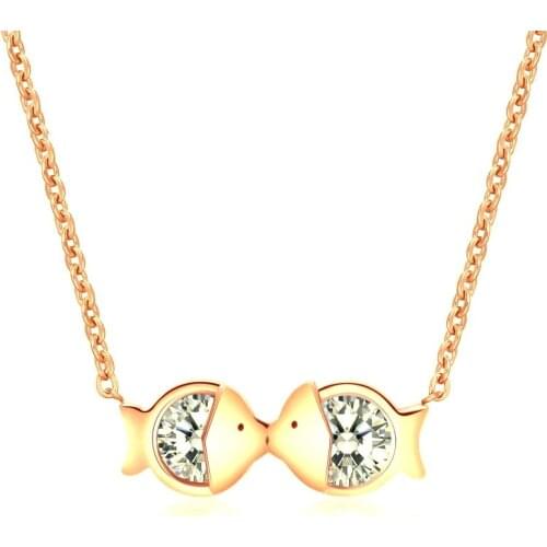 Hot Sale Rhinestone CZ Kiss Fish Silver Color / Gold Color / Rose Gold Color Titanium Steel Necklace