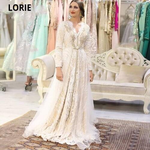 LORIE Moroccan Kaftan Evening Dresses Embroidery Beading Lace Arabic Muslim Evening Gowns V-neck Long Formal vestido de festa