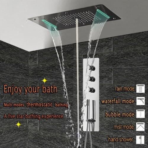 Concealed Ceiling Bathroom Shower Set Wall Mounted 700*380 mm Electric LED Remote Controller Large Rainfall Panel Shower Kit