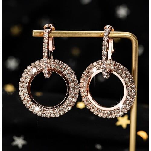 New Creative Design Elegant Gold Color Earrings For Women Geometric Big Circle Dorp Earrings Crystal Round Ear jewerly gift