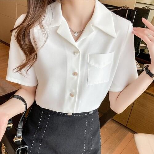 New Lapel Womens Short Sleeve Blouse Elegant Shirts Summer Chiffon Shirt Work Clothes Korean Simple and versatileTop