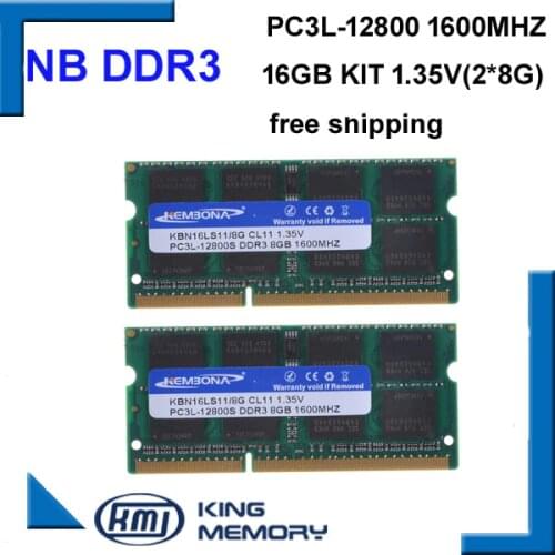 KEMBONA free shipping best price sodimm laptop ram DDR3 16GB(kit of 2pcs ddr3 8gb) 1.35 v PC3L-12800 204pin ram memory