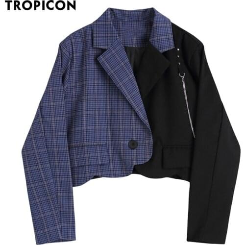TROPICON Autumn Plaid Cropped Blazer Patchwork Single Button Jaket Coat 2020 Fashion Suit Women Blazer Set Streetwear