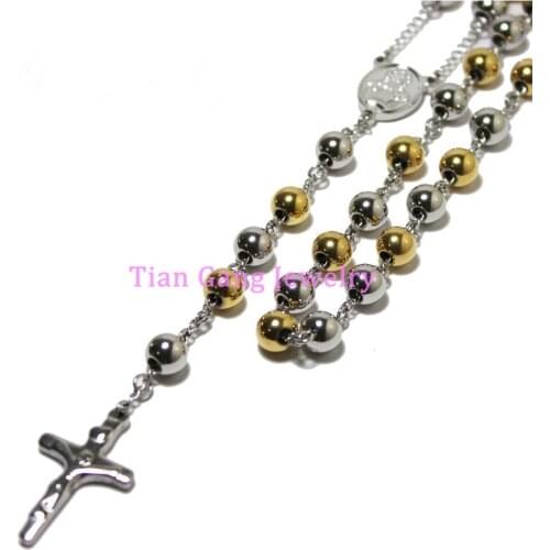 Gold Silver Color 4mm/6mm/8mm Round Bead Rosary Necklace Stainless Steel religious Jesus Crucifix Cross Chain for women Men