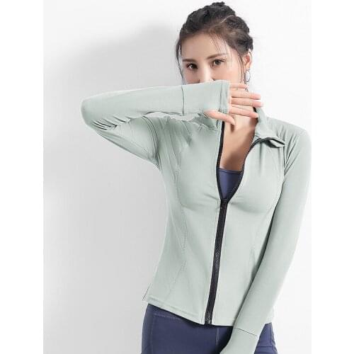 Running Sport Shirt Yoga Women Slim Thumb Hole Fitted Sport Top Stand Collar Fitness Coat Zipper Long Sleeve Jacket Yoga T-shirt