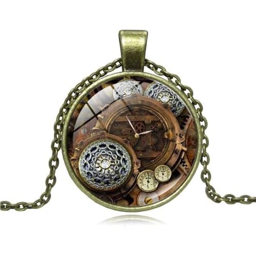 Vintage steampunk Gear Clock Time Gem necklace Imitated Watch Glass Faced Pendant Necklace Retro Sweater Necklace Drop Shipping