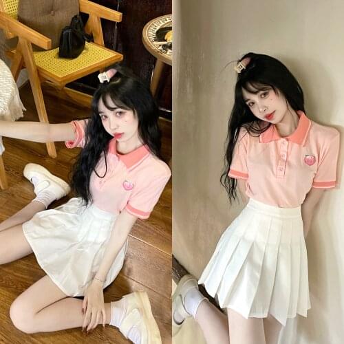 Summer new style short section pink peach polo collar short-sleeved T-shirt women