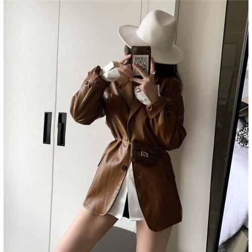 Streetwear Fashion Faux PU Leather Blazer Autumn 2021 Loose Casual Vintage Long sleeve Biker Leather Suit Outwear Chaqueta mujer