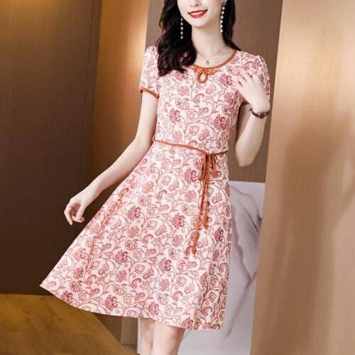 COIGARSAM Women Dress Summer 2021 New Cheongsam Floral Print O-Neck High Waist Blue Orange Dresses Traf Vestidos Robe