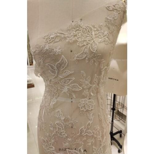 1 Yard High End Off white Afrian French Embroideried Tulle mesh African lace fabric for wedding bridal gown dress DIY sewing