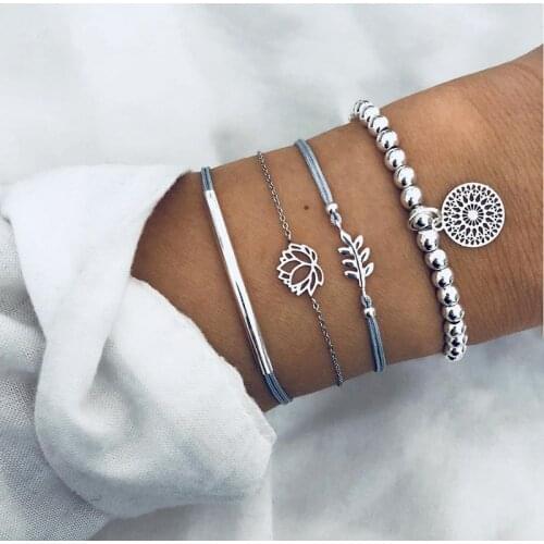 4 Pcs/Set Ethnic Style Lotus Leaf Beaded Bracelets for Women Bohemian Rope Chain Bracelet Set Jewelry Gifts