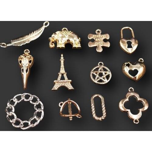 6pcs Gold-Plated Feather/Elephant/Bird Skull/Lock/Heart/Pentagram/Eiffel Tower Pendant DIY Charm Bracelet Jewelry Craft Making