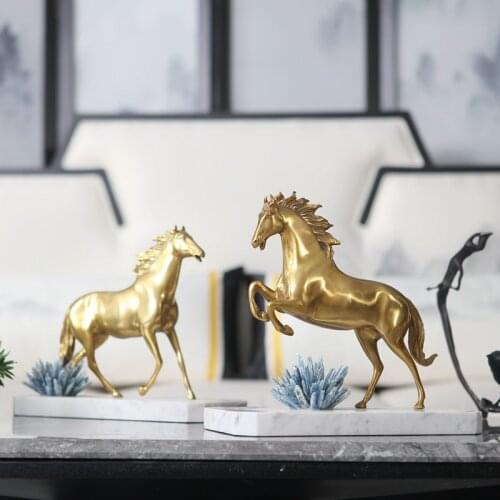 Running Golden Copper Horse Sculpture White Marble Statue Vintage Abstract Figurines Blue Crystal Craftwork Home Decoration