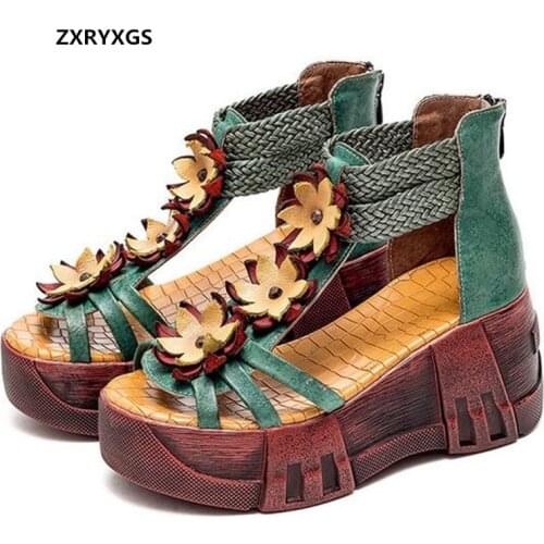 2021 New High-quality Cowhide Flower Classic Fashion Sandals Platform Shoes Heighten Sandals Wedges Light Women Leather Sandals