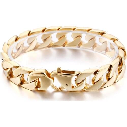 Gold 8.66 inch (22cm) Pure Stainless Steel 15mm solid Curb Link Chain Bracelet Mens Women bracelet 65g