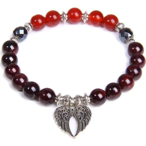 Natural Garnet stone beads bracelets bangle metal wings charm bracelet friendship women natural red stone bracelets for couples