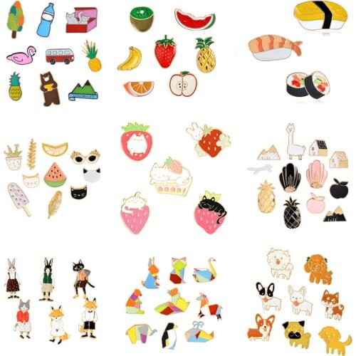 QIHE JEWELRY 4~12 piece in one set Cartoon Pins Animal Fruit Brooches Cute Kawaii Enamel pins Collection Mix style Wholesale