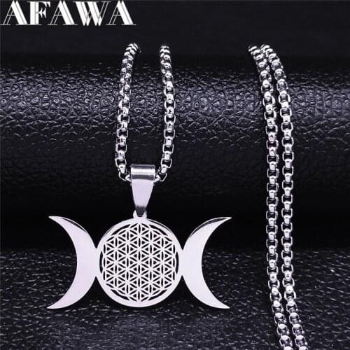Witchcraft Flower of Life Moon Stainless Steel Chain Necklaces Silver Color Women/Men Necklace Jewelry bijoux homme N4351S02
