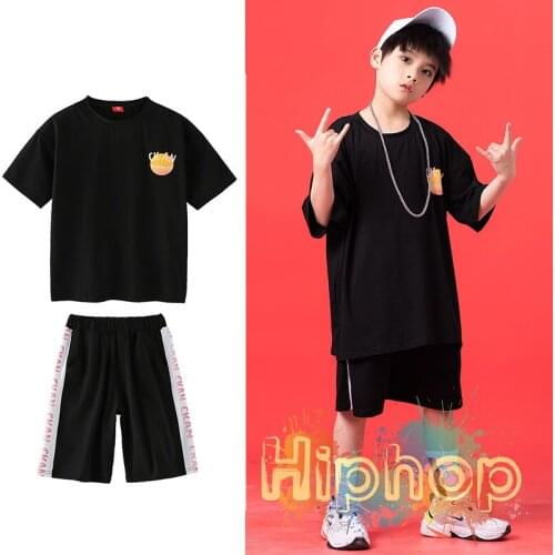 Black Hip Hop Dance Costumes Kids Printing Jazz Performance Clothing Street Dance Practice Wear Loose Rave Clothes DC4888