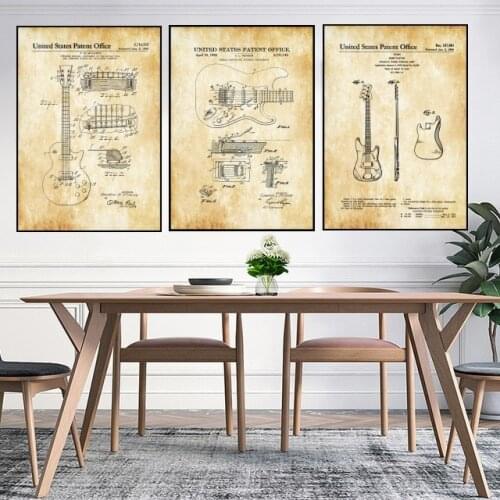 Guitar Piano Patent Vintage Poster Prints Home Decor Vintage Blueprint Kraft Paper Painting Picture Gift Music Decorations