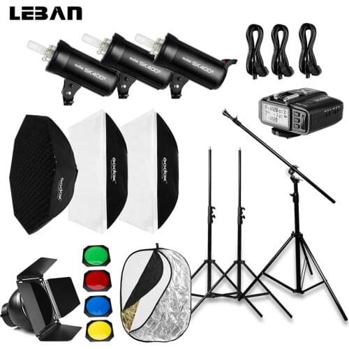 Godox 1200W Photo Studio Flash Lighting Godox SK400 II 3x 400W,Softbox,Light Stand, Studio Boom Arm Top Light Stand