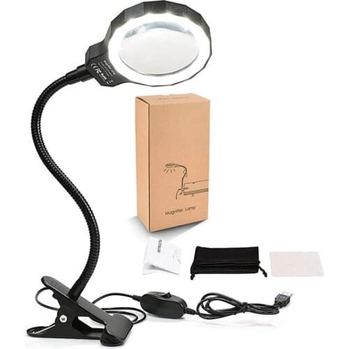 USB 5X LED Light Magnifier Lamp Larger Optic Lens Flexible Table Desk Clamp for Reading/ Welding/ Repair Magnifying