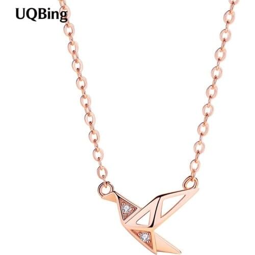 925 Sterling Silver Small Fresh Rose Gold-Color Thousand Paper Cranes Zircon Pendant Necklaces Jewelry
