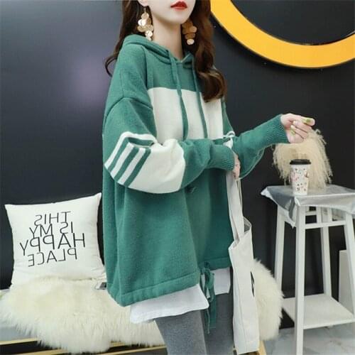 Color-blocking Hooded Tie Pullover Sweater Women 2020 Autumn and Winter New Korean Style Loose College Style Knit Sweater Top