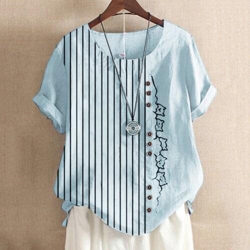 Oversized Linen Woman Shirt Casual O-Neck Striped Button-down Shirts Women Cartoon Print Short Sleeve Loose Shirt Women Blouses