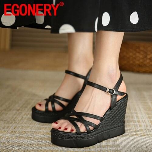 EGONERY Women Fashion Sandals summer New Style Concise Comfortable Slope Heel Round Toe Mature Solid color Genuine Leather