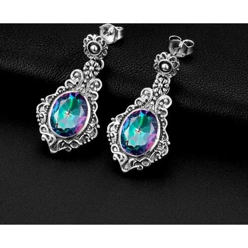 Silver Chakra Earrings Silver 925 Mystic Rainbow Topaz Gemstone Drop Earring Church Carved Vintage Flower Silver Jewelry Gifts