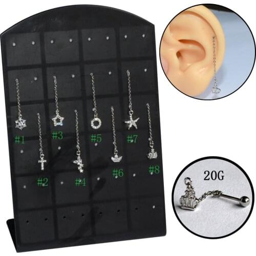 CHUANCI 1pc Stainless Steel Barbell With Cz Star Flower Heart Crown Dangle Piercing Earring Cartilage Piercing Jewelry 20g