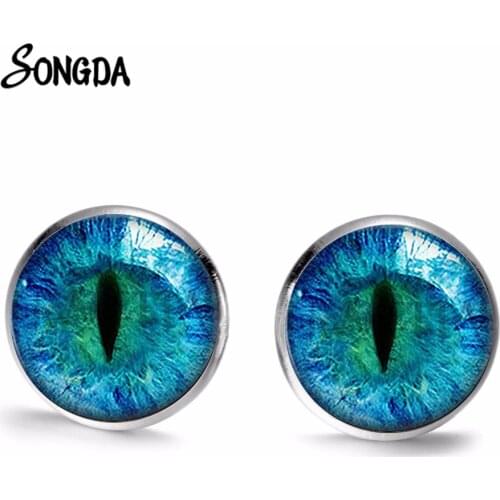 Gothic Dragon Cat Eyes Earrings Glass Cabochon Dome Ear Studs Men Women Accessories Bronze Silver Color Choose Handmade Jewelry