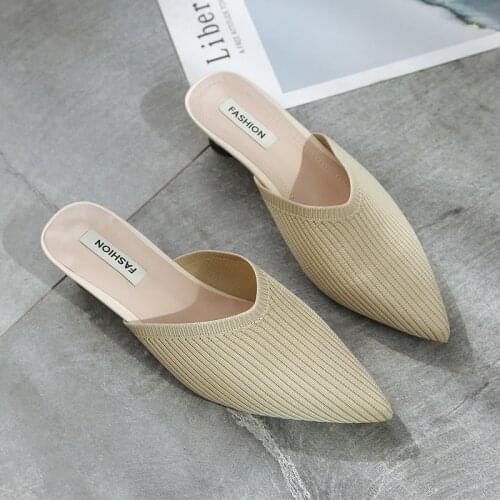 Knitted Elastic Mesh slippers women 2019 Summer shoes women Fashion Pointed Toe Slides Spike Heels Beige Mules female shoes