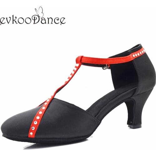 Evkoodance Size US4-12 satin latin dance shoes 6cm heel height Women Shoes black with red Professional Evkoo-615