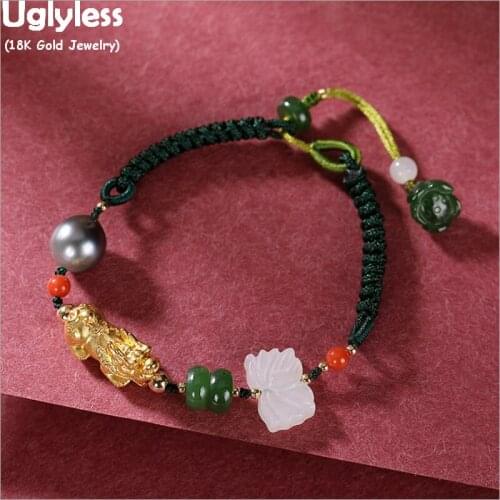 Uglyless Luxury Real 24k Brave Troops Animal Beads Bracelets for Women Infinity Rope Bracelets Natural Jade Black Pearl Jewelry