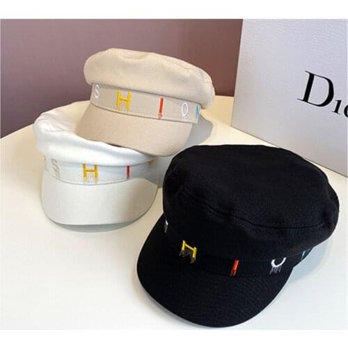 British Retro Letters Embroidery Beret Womens Fall Winter Felt Military Captain Cap Newsboy Hats Flat Top Octagonal Hat 2020