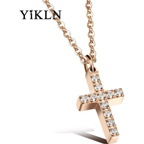 YiKLN Simple Retro Cross Unisex Pendant Necklace Classic 316L Stainless Steel Cubic Zirconia Women Men Jewelry 2 Colors YN17067