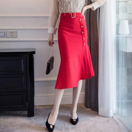 2020 Summer Womens Skirts Plus Size Solid Office Lady Cotton Womens Skirts Asymmetry Pencil Sxey Empire Mid-Calf Womens Skirts