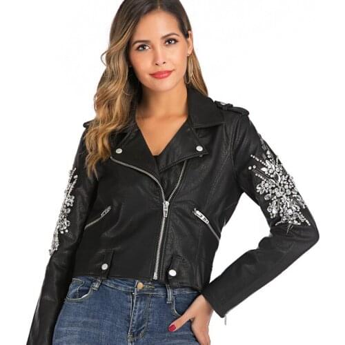 High Quality Women PU Leather Jacket Autumn 2019 New Fashion Shiny Crystal Beading Coat Short Top Modern Lady Black Outwear