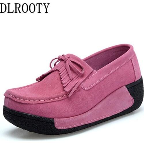 Women Flats Shoes 2018 Autumn Fashion Butterfly-knot Fringe Square Toe Slip On Genuine Leather Platform Casual Solid