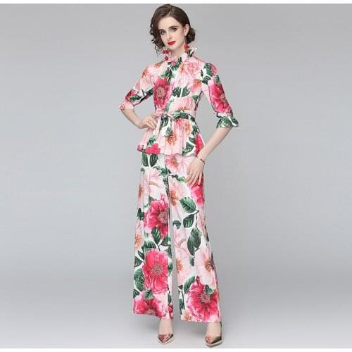 2021 New Bohemian Womens Summer Rose Floral print Pants Suits Flare Sleeve Ruffled Top Shirts + Wide Leg Pants Two Pieces Set