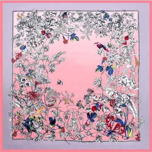 POBING 100% Silk Scarf Women Large Shawls Floral Birds Print Stoles Square Bandana Luxury Kerchief Scarf Female Foulards 130CM