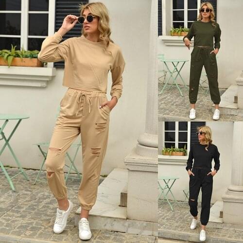 Two Pieces Sets Womens Tracksuits Casual Autumn Winter Pants Suits Pullover Long Sleeve Top Elastic Waist Ripped Trousers Suits