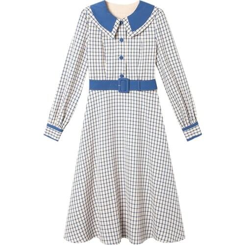 2021 New Style Spring Fashion Womens Midi Dress French Style Plaid With Belt Slim Dresses Vintage Vestidos Elegantes Robes