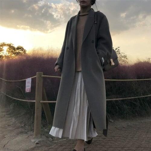 New Autumn and Winter Korean Students Thickened Woolen Coat Womens Long Knee-length Hepburn Style Woolen Coat