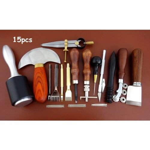 15pcs Leather Craft Edger Beveler Skiver Slicker Burnisher Groover Awl Chisel Tool Set - Sewing Stitching Carving Stamping Knife